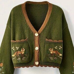 SOLD Button Front Fox Nature Army Green Button Front Cardigan